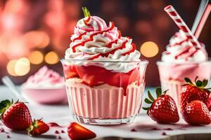 zwei Brille von Erdbeere Milchshake mit ausgepeitscht Sahne und Erdbeeren. KI-generiert foto