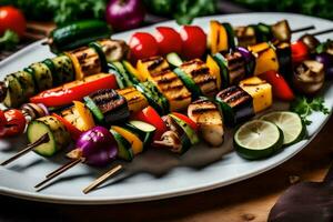 ein Teller von gegrillt Gemüse mit ein Limette Keil. KI-generiert foto