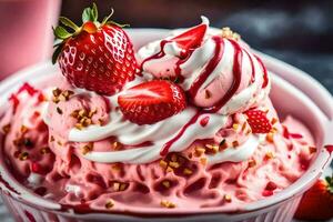 ein Schüssel von Erdbeere Eis Sahne mit ausgepeitscht Sahne und Erdbeeren. KI-generiert foto