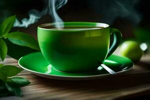 ein Tasse von Grün Tee mit ein Blatt auf das Tisch. KI-generiert foto