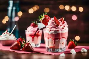 zwei Brille von Erdbeere Milchshake mit ausgepeitscht Creme. KI-generiert foto