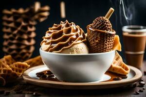 Eis Sahne und Waffel Zapfen im ein Schüssel. KI-generiert foto