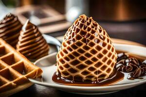 ein Waffel mit Karamell Soße und Waffeln auf ein Tisch. KI-generiert foto