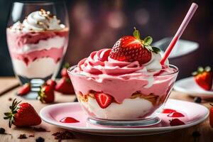 Erdbeere Käsekuchen Dessert mit Erdbeeren und ausgepeitscht Creme. KI-generiert foto