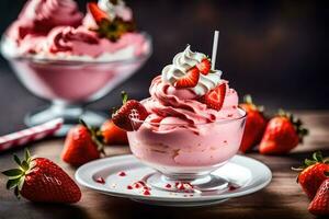 ein Dessert mit Erdbeeren und ausgepeitscht Creme. KI-generiert foto