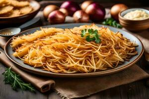 gebraten Kartoffeln mit Zwiebeln und Kräuter auf ein Platte. KI-generiert foto