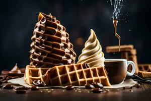 Schokolade Waffeln und Kaffee auf ein dunkel Tisch. KI-generiert foto