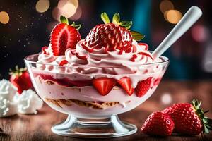 Erdbeere Dessert mit ausgepeitscht Sahne und Erdbeeren. KI-generiert foto