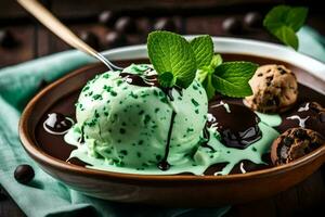 Schokolade Eis Sahne mit Minze Blätter und Schokolade Chips im ein Schüssel. KI-generiert foto