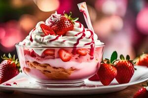 Erdbeere Dessert im ein Glas Schüssel. KI-generiert foto