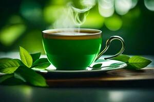 Grün Tee, Tasse, Untertasse, Blatt, Dampf, Grün, Blatt, Grün Tee,. KI-generiert foto