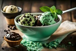 Schokolade Eis Sahne mit Minze und Minze Blätter. KI-generiert foto