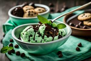 Eis Sahne mit Minze und Schokolade Chips. KI-generiert foto