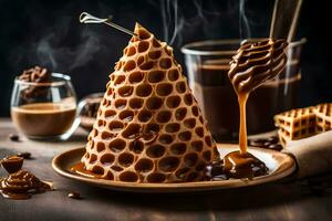 Waffel mit Schokolade Sirup und ein Glas von Kaffee. KI-generiert foto