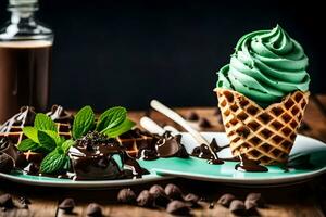 Schokolade Eis Sahne mit Minze und Waffel auf ein Platte. KI-generiert foto