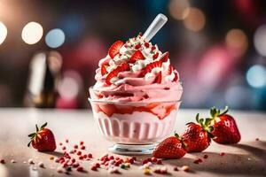 ein Erdbeere Eisbecher mit ausgepeitscht Sahne und Erdbeeren. KI-generiert foto