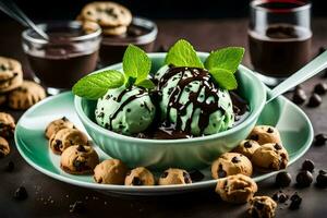 Schokolade Minze Eis Sahne mit Kekse und Minze Blätter. KI-generiert foto