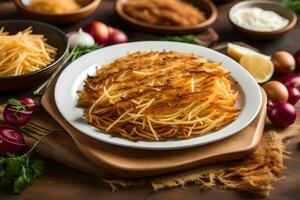 ein Teller von Französisch Fritten mit Zwiebeln und andere Zutaten. KI-generiert foto