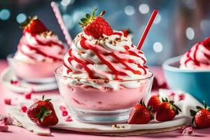 Erdbeere Eisbecher mit ausgepeitscht Sahne und Erdbeeren. KI-generiert foto