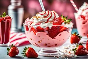 Erdbeere Milchshake mit ausgepeitscht Sahne und Erdbeeren. KI-generiert foto