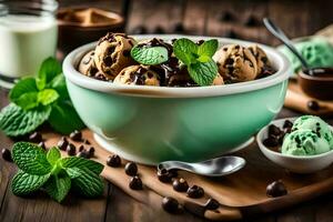 Schokolade Chip Eis Sahne mit Minze Blätter und Minze Blätter im ein Schüssel. KI-generiert foto