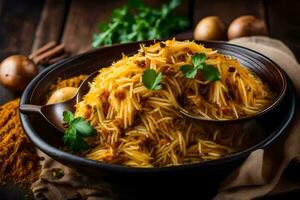 Spaghetti mit Fleisch und Gewürze im ein Schüssel. KI-generiert foto