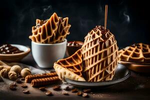 Schokolade Waffeln mit Schokolade Sirup und Nüsse auf ein Tisch. KI-generiert foto