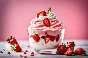 ein Dessert mit Erdbeeren und ausgepeitscht Creme. KI-generiert foto