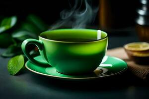Grün Tee im ein Tasse auf ein schwarz Hintergrund. KI-generiert foto