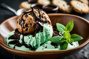 Schokolade Chip Plätzchen Eis Sahne mit Minze Blätter und Kekse. KI-generiert foto