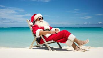 ai generativ Santa auf Ferien entspannend auf ein tropisch Strand foto