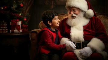 ai generativ Kinder von anders ethnische Zugehörigkeit Treffen Santa mit ein Bokeh gefüllt Hintergrund foto