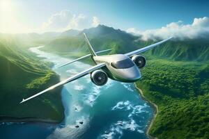 ai generiert nachhaltig Luftfahrt Treibstoff Konzept. Flugzeug fliegend über Grün Berge und Fluss. Netz Null Emissionen Flug. umweltfreundlich Luftfahrt Kraftstoff. Luft Reise. Nachhaltigkeit Transport. foto