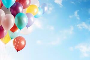 mehrfarbig Luftballons mit Helium auf ein Blau Himmel abstrakt Hintergrund. Konzept von glücklich Geburtstag, Neu Jahr, Party, Hochzeit, Valentinstag, Glück, Freude, Festival, Urlaub Beförderung Banner. generativ ai. foto