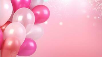 Rosa Luftballons mit Helium auf ein Rosa abstrakt Hintergrund. Konzept von glücklich Geburtstag, Neu Jahr, Party, Hochzeit, Valentinstag Tag, Liebe, Glück, Freude, Festival, Urlaub Beförderung Banner. generativ ai. foto