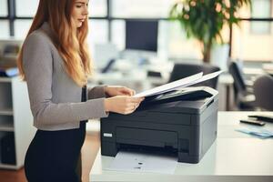 Büro Arbeiter druckt Papier auf Multifunktion Laser- Drucker. dokumentieren und Papierkram Konzept. Sekretär arbeiten. lächelnd Frau Arbeiten im Geschäft Büro. Kopieren, drucken, Scan, und Fax Maschine. generativ ai. foto