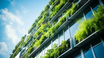 umweltfreundlich Gebäude im das modern Stadt. nachhaltig Glas Büro Gebäude mit Baum zum reduzieren Kohlenstoff Dioxid. Büro Gebäude mit Grün Umfeld. korporativ Gebäude reduzieren co2. generativ ai foto