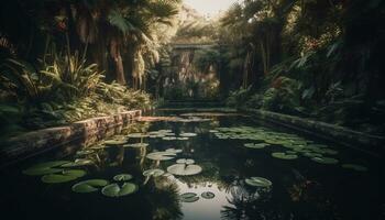 ai generiert still tropisch Regenwald, Grün Palme Bäume, fließend Wasser, heiter Landschaft generiert durch ai foto