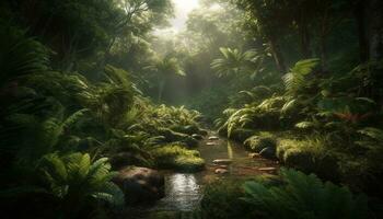 ai generiert still tropisch Regenwald, Grün Palme Bäume, fließend Wasser, heiter Landschaft generiert durch ai foto
