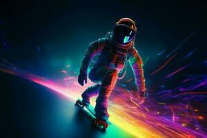 Skateboardfahrer im Astronaut passen Reiten. generieren ai foto