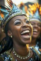 Menschen genießen Straße Karneval Festival, freunde Lachen draußen im Kostüme. notting Hügel Karneval Künstler. ai generiert foto