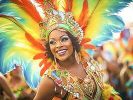 Menschen genießen Straße Karneval Festival, freunde Lachen draußen im Kostüme. notting Hügel Karneval Künstler. ai generiert foto