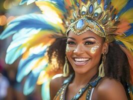 Menschen genießen Straße Karneval Festival, freunde Lachen draußen im Kostüme. notting Hügel Karneval Künstler. ai generiert foto