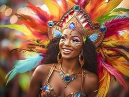 Menschen genießen Straße Karneval Festival, freunde Lachen draußen im Kostüme. notting Hügel Karneval Künstler. ai generiert foto