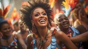 Menschen genießen Straße Karneval Festival, freunde Lachen draußen im Kostüme. notting Hügel Karneval Künstler. ai generiert foto