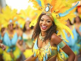 Menschen genießen Straße Karneval Festival, freunde Lachen draußen im Kostüme. notting Hügel Karneval Künstler. ai generiert foto