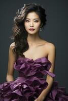 Porträt von ein asiatisch Frau im ein modisch Kleid auffällig ein Pose. ai generiert foto
