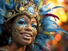 Menschen genießen Straße Karneval Festival, freunde Lachen draußen im Kostüme. notting Hügel Karneval Künstler. ai generiert foto