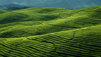 ai generiert Grün Tee Plantage, oben Aussicht Textur foto