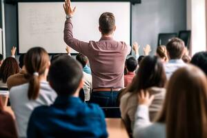 Lehrer Tag - - glücklich Lehrer mit angehoben Hand, inspirierend Studenten im das Klassenzimmer. Lehrer Tag ist ein Erinnerung von das dauerhaft Einschlag Sie haben auf unser Leben. ai generativ foto